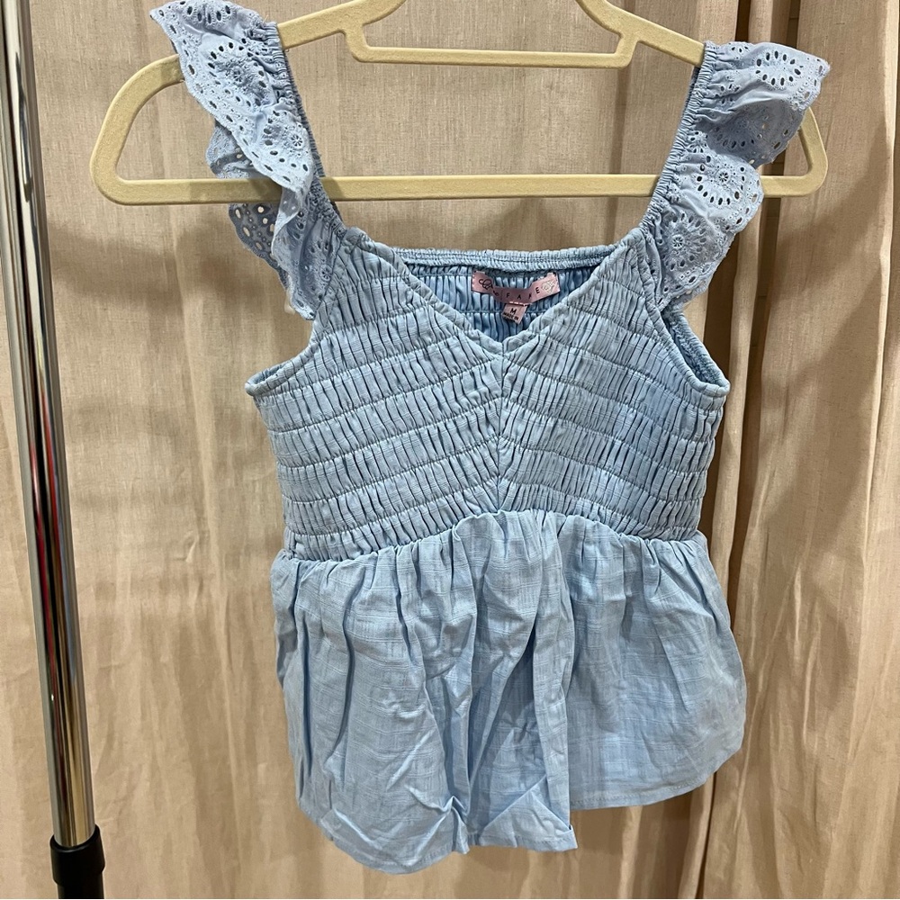 Crave Fame Light Blue Smocked Eyelet Blouse